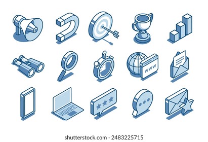 isometric vector set of linear icons on the theme of business and marketing, in color on a white background, loudspeaker and magnet with smartphone and laptop as well as binoculars and magnifying 