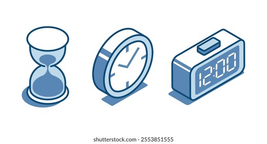 isometric vector set of linear icons of manual and mechanical and electronic watches, in color on a blue background, time of different generations