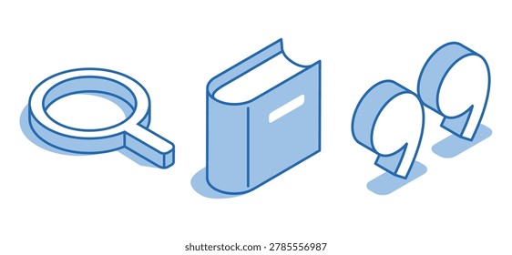 Isometric vector set of linear icons of a book next to a magnifying glass and quotation marks on a white background, reading and quotes