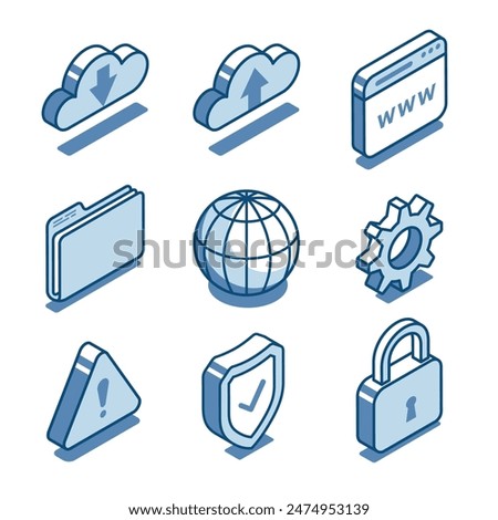 isometric vector set of linear icons cloud and internet page as well as shield and lock, in color on a white background, cloud downloading and data protection