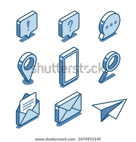 isometric vector set of linear icons of messages and mail on a smartphone, in color on a white background, mail messages and correspondence