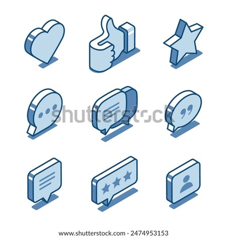 isometric vector set of linear icons of messages and likes, in color on a white background, chat or social network