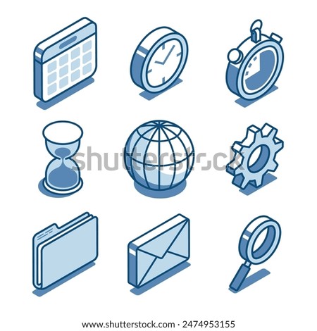 isometric vector set of linear icons calendar and clock as well as business folder with document and written envelope, in color on a white background, deadlines and time in business