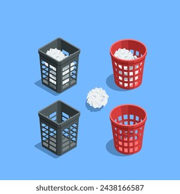 isometric vector set of office wastebasket and crumpled paper, in color on a white background, cleanliness and order in the workplace