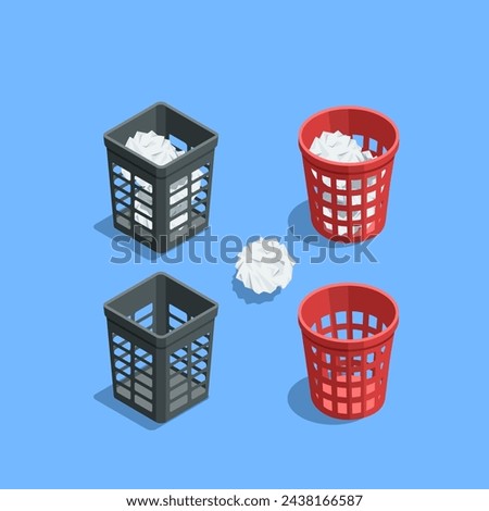 isometric vector set of office wastebasket and crumpled paper, in color on a white background, cleanliness and order in the workplace