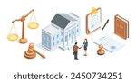 isometric vector set on the theme of court and law, in color on a white background, scales and a judge