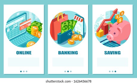 Isometric vector set of online banking, shopping and saving concept 