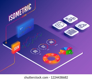 Isometric vector. Set of Package, Bicycle parking and Truck parking icons. Delivery pack, Bike park, Free park. Automatic door.  Software or Financial markets. Analysis data concept. Vector