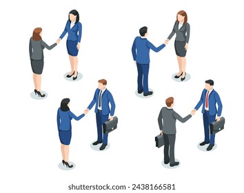 isometric vector set of people in business suits shaking hands, in color on a white background, office workers or politicians