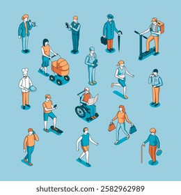 isometric vector set of people of different gender and age and professions in linear style, in color on blue background, society or nation