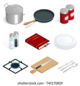 Isometric vector set of professional kitchenware and utensils on white background.