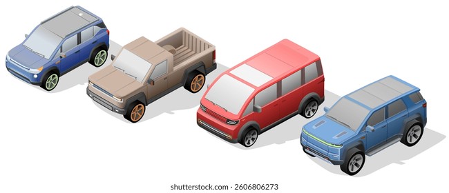Isometric vector set of rugged and practical vehicles, including SUVs, a pickup, and a van. Ideal for adventure, outdoor, logistics, or transport-related design projects.
