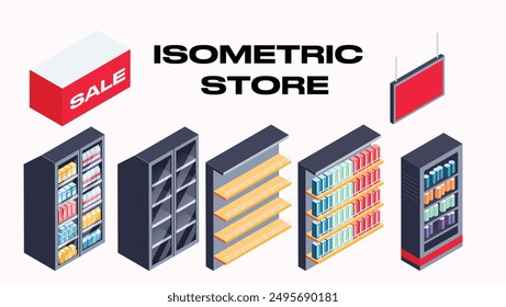 Isometric vector set of shelves, refrigerators and advertising stands for a store in modern gray, yellow and red colors: an ideal solution for a stylish and functional design.