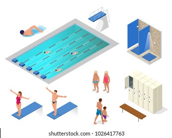 Conjunto vectorial isométrico de piscina, nadadores, duchas en el gimnasio, taquillas y vestuarios iconos. Estilo de vida de la salud.