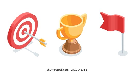 Isometric vector set of target and cup and flag icons, in color on white background, victory and achieving goal or winning in competition