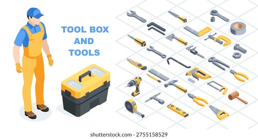 Isometric vector set of toolbox and tools icons, in color on a white background, a working man in overalls - Powered by Shutterstock - Get 15% off with code: PIKWIZARD15