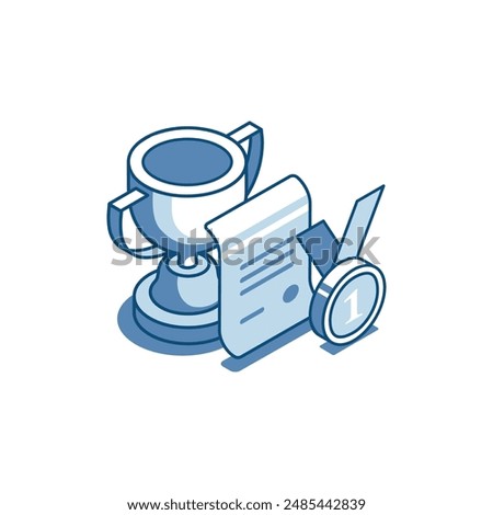 isometric vector set of trophy with diploma and medal linear icons, in color on a white background, victory in sports competition or success in business