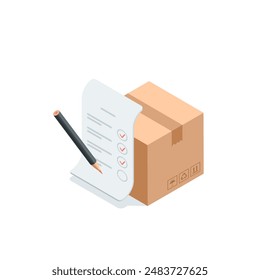 isometric vector sheet of paper with check marks and pencil near the box, in color on a white background, receiving a parcel or delivering it to your home