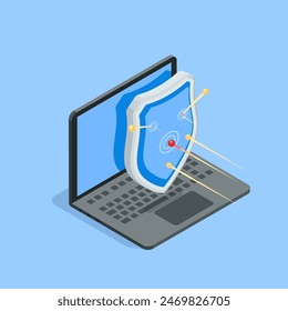 isometric vector shield in front of a laptop repelling threat, in color on a blue background, antivirus or firewall