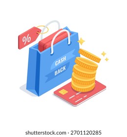Isometrische Vektor-Einkaufstasche mit einer Kiste und Münzen fallen auf eine Kreditkarte, in Farbe auf weißem Hintergrund, Online-Shopping mit Boni und Rabatten und Cashback