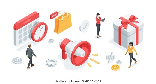 isometric vector shopping bag and clock with calendar and gift and business people, in color on a white background, shopping or sale time