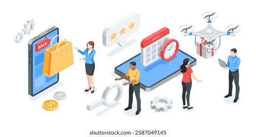 isometric vector shopping bag and clock with calendar and gift and business people, in color on a white background, shopping or sale time