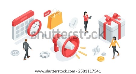 isometric vector shopping bag and clock with calendar and gift and business people, in color on a white background, shopping or sale time