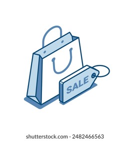 isometric vector shopping bag and price tag linear icon, in color on white background, shopping and sale