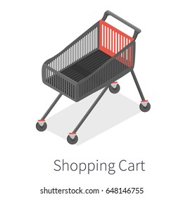 Isometric vector shopping trolley cart. Vector empty supermarket trolley isolated. - stock vector