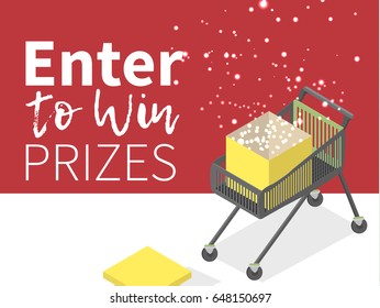 Isometric vector shopping trolley cart. Open Yellow Gift Box and Confetti. Enter to Win Prizes. Vector Illustration.