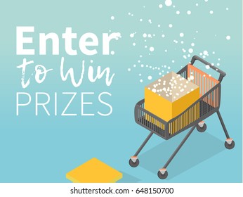 Isometric vector shopping trolley cart. Open Yellow Gift Box and Confetti. Enter to Win Prizes. Vector Illustration.