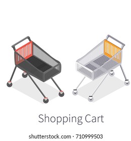 Isometric vector shopping trolley cart. Vector empty supermarket trolley isolated. - stock vector