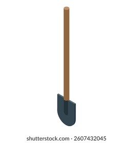 Isometric vector of a shovel with wooden handle standing upright