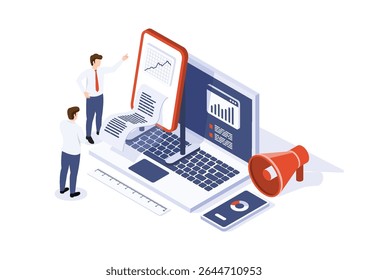Isometrische Vektorgrafik, die Business-Profis zeigt, wie sie Daten und Inhalte auf einem Laptop mit Diagrammen, Dokumenten und einem Megaphon analysieren, was für digitales Marketing, SEO und Kampagnenstrategie steht.
