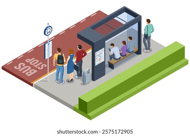 Isometric vector showing a high-tech bus stop with interactive ticket vending machines and a detailed route map. People waiting for the bus