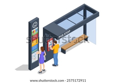 Isometric vector showing a high-tech bus stop with interactive ticket vending machines and a detailed route map. Two passengers are using the station.