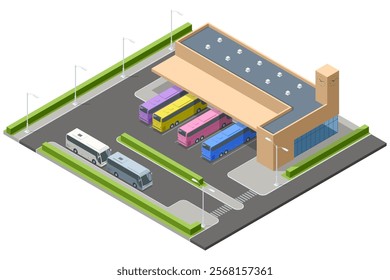 Isometric vector showing a large bus terminal with multiple colored buses, parking areas, and a modern building. Represents intercity and international bus travel infrastructure