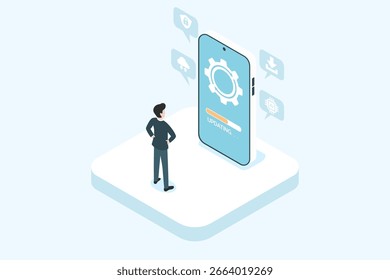 Isometric vector showing a man waiting for a smartphone system update with a loading bar. Great for illustrating technology upgrades, software maintenance, and app development.