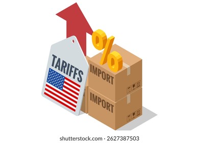 Isometric vector showing shipping containers, money, and a clipboard labeled Import Tariff, representing the financial impact of international trade duties. Import tariffs, trade war and economic