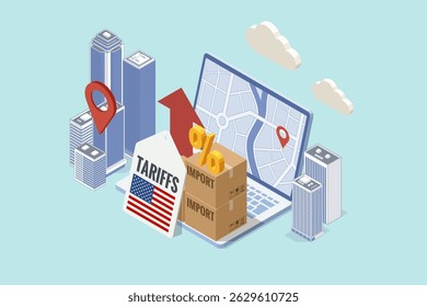 Isometric vector showing shipping containers, money, and a clipboard labeled Import Tariff, representing the financial impact of international trade duties. Import tariffs, trade war and economic