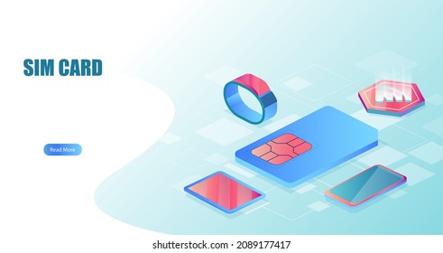 Isometric vector of a SIM card and mobile devices using microchip technology. 