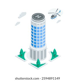 isometric vector skyscraper and flying helicopter, in color on white background, city buildings