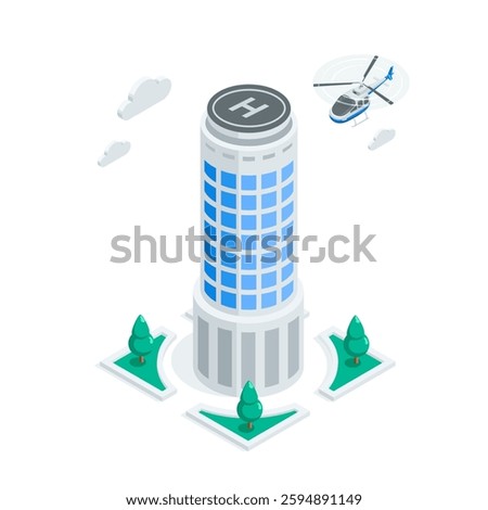 isometric vector skyscraper and flying helicopter, in color on white background, city buildings