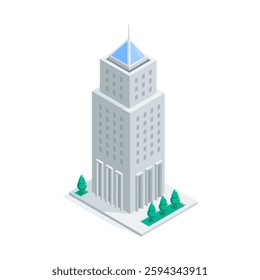 isometric vector skyscraper and trees, in color on white background, city buildings