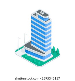 isometric vector skyscraper and trees, in color on white background, city buildings