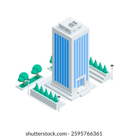 isometric vector skyscraper and trees, in color on white background, city buildings