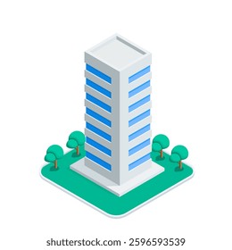 isometric vector skyscraper and trees, in color on white background, city buildings