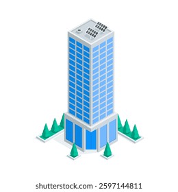 isometric vector skyscraper and trees, in color on white background, city buildings