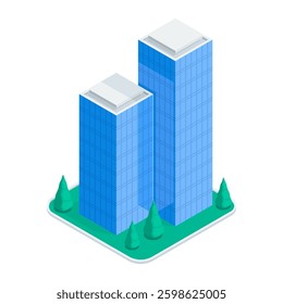 isometric vector skyscraper and trees, in color on white background, city buildings