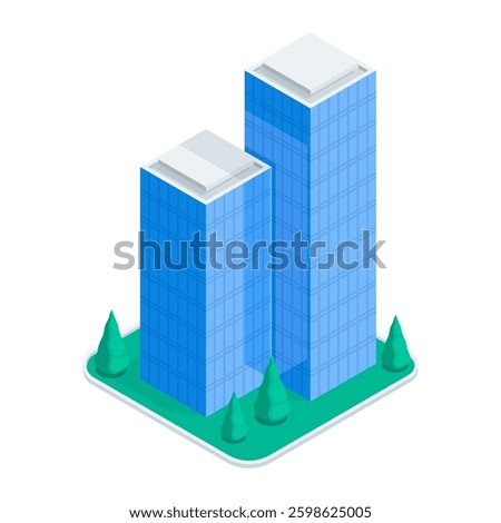 isometric vector skyscraper and trees, in color on white background, city buildings